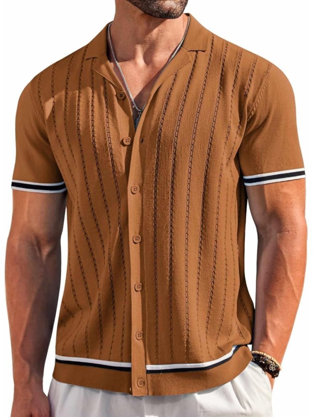 Men's Brown Short Sleeve Knit Casual Button Down Vintage Striped Top Shirt